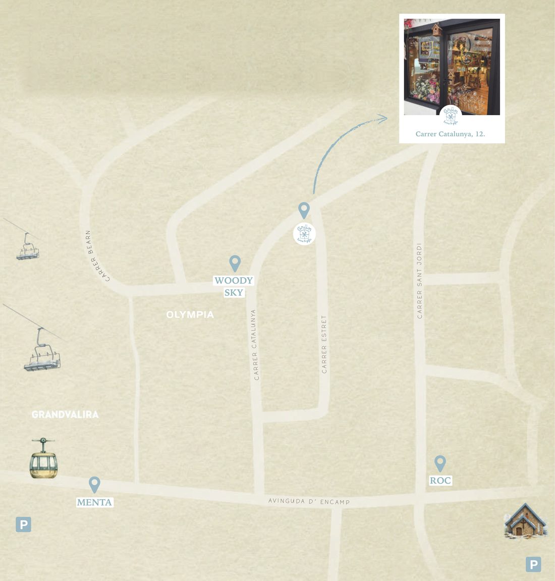 Mapa il·lustrat en aquarel·la del Pas de la Casa amb els apartaments Roc, Woody, Sky i Menta i la botiga Grün