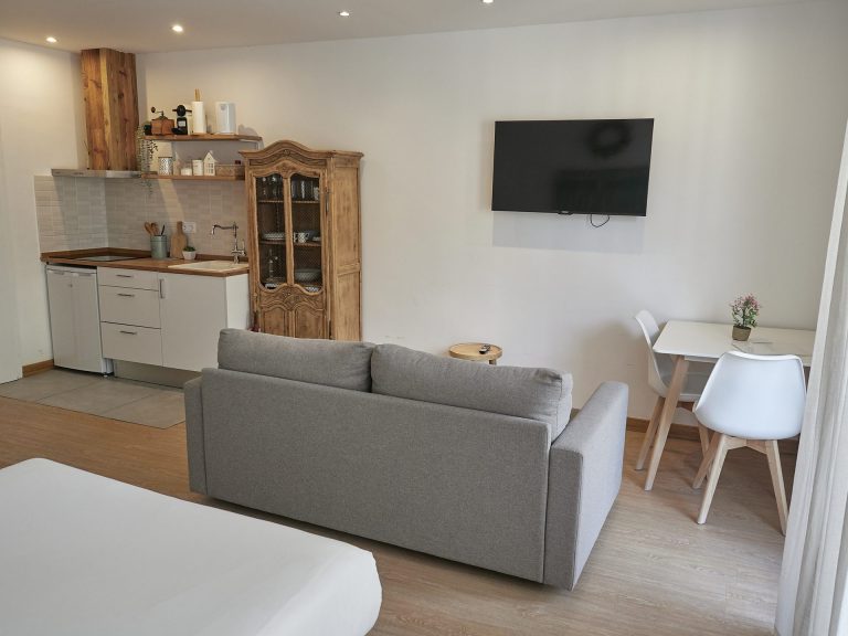 Sala d'estar amb sofà, televisor i taula a l'apartament MENTA de Grün Estudis, Pas de la Casa