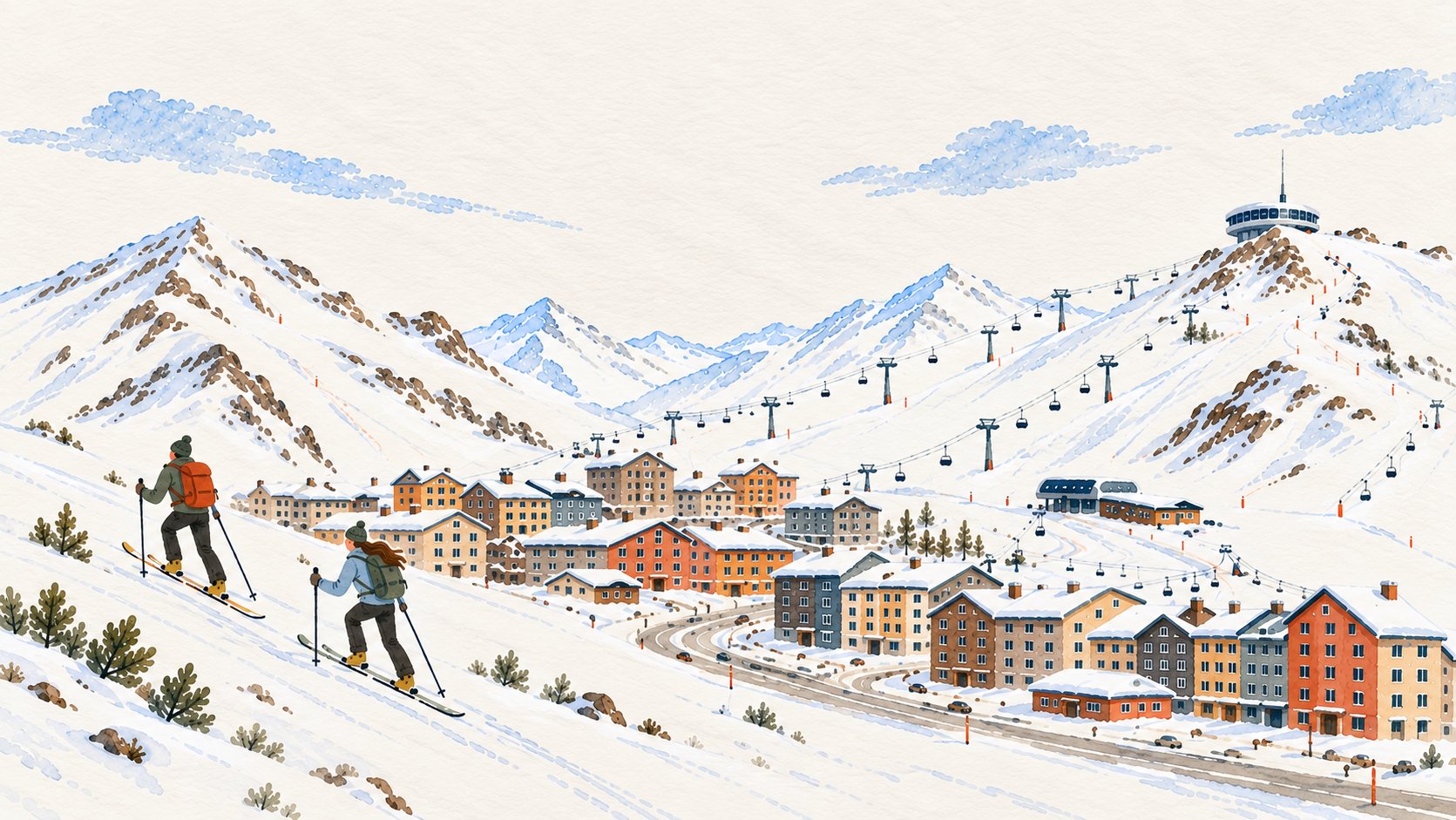 Il·lustració panoràmica en aquarel·la del Pas de la Casa amb les pistes de Grandvalira
