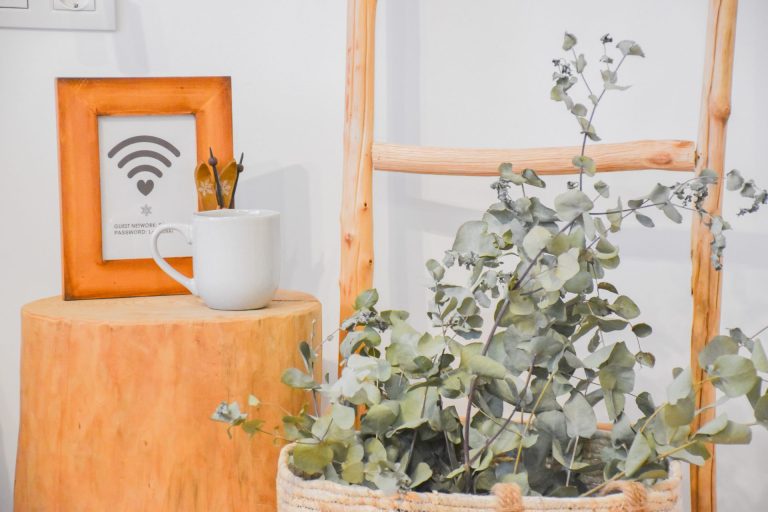 Racó de la tauleta amb el cartell del wifi i branques d'eucaliptus a l'apartament ROC de Grün Estudis, Pas de la Casa